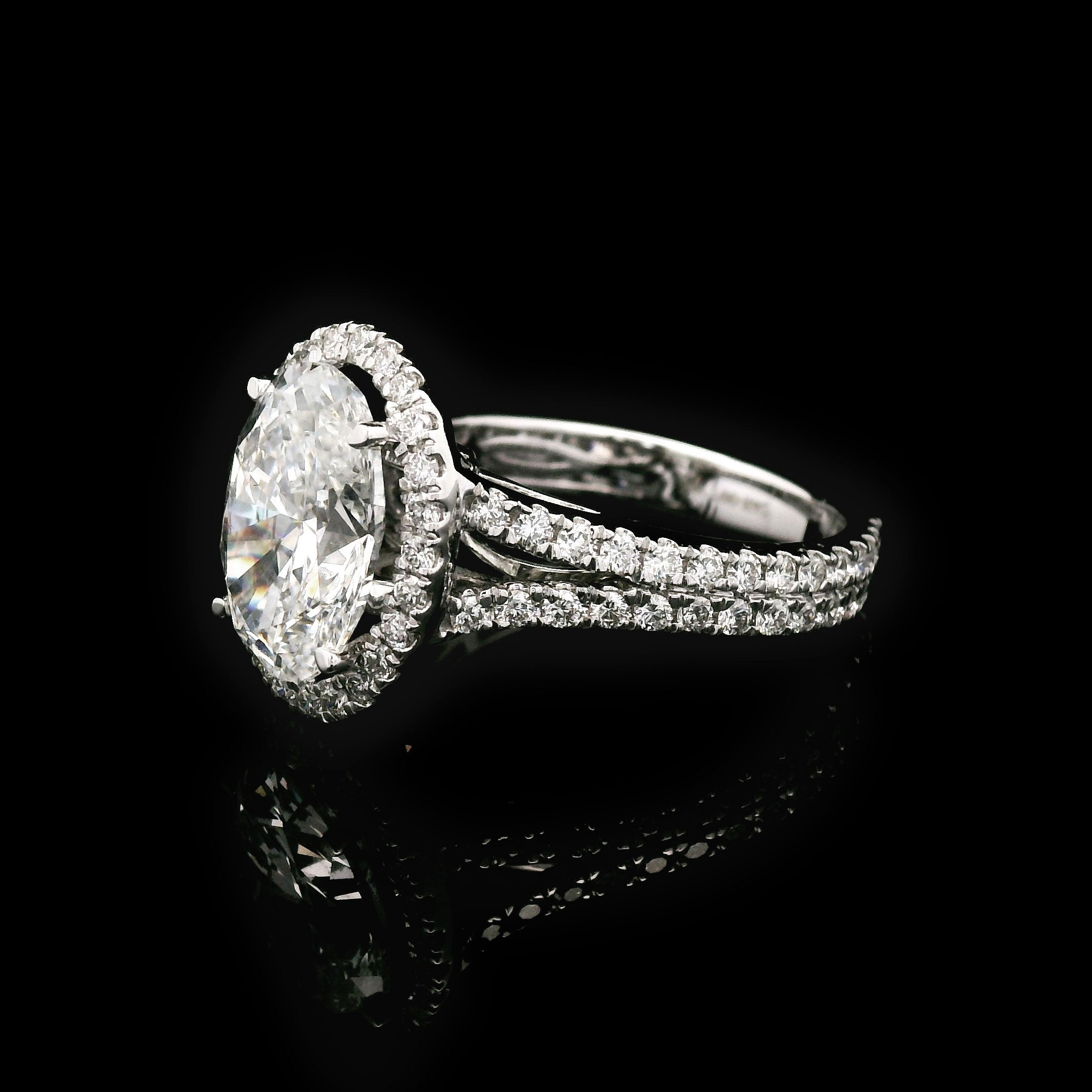 3 carat lab created oval diamond with halo and split shank right side
